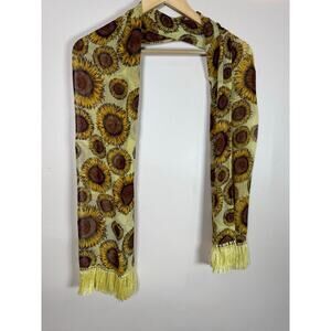 100% Silk Sunflower Print Long Rectangle Scarf Fringe Lagenlook  Art to Wear